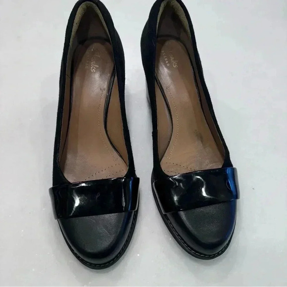 Clarks Artisan Tarah Brae Pump Slip on Black Suede patent Leather Women's 8.5 M - Picture 2 of 11